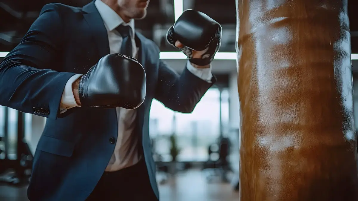 A businessman in a suit training on a heavy bag
