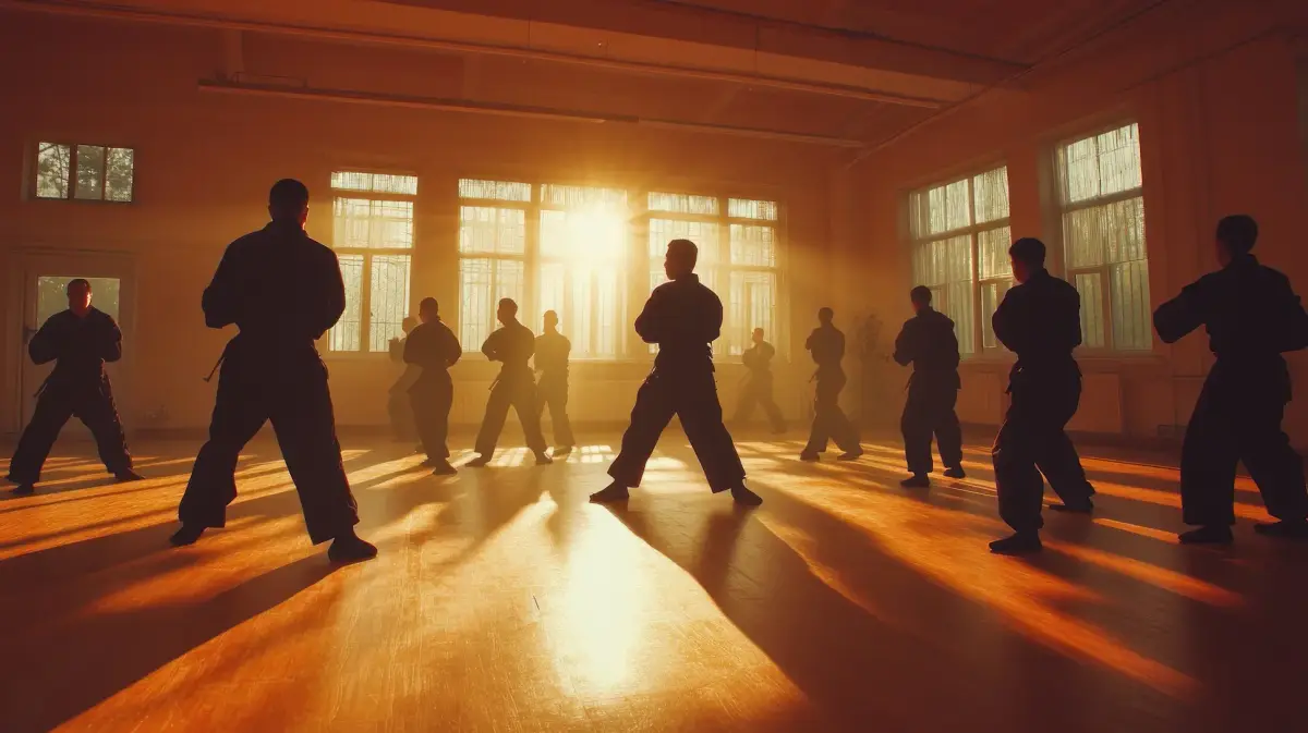 Martial arts students training in a sunlit dojo