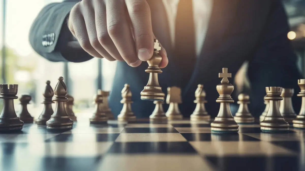 A hand in a suit sleeve moving a chess piece across a board, symbolizing strategic federation planning