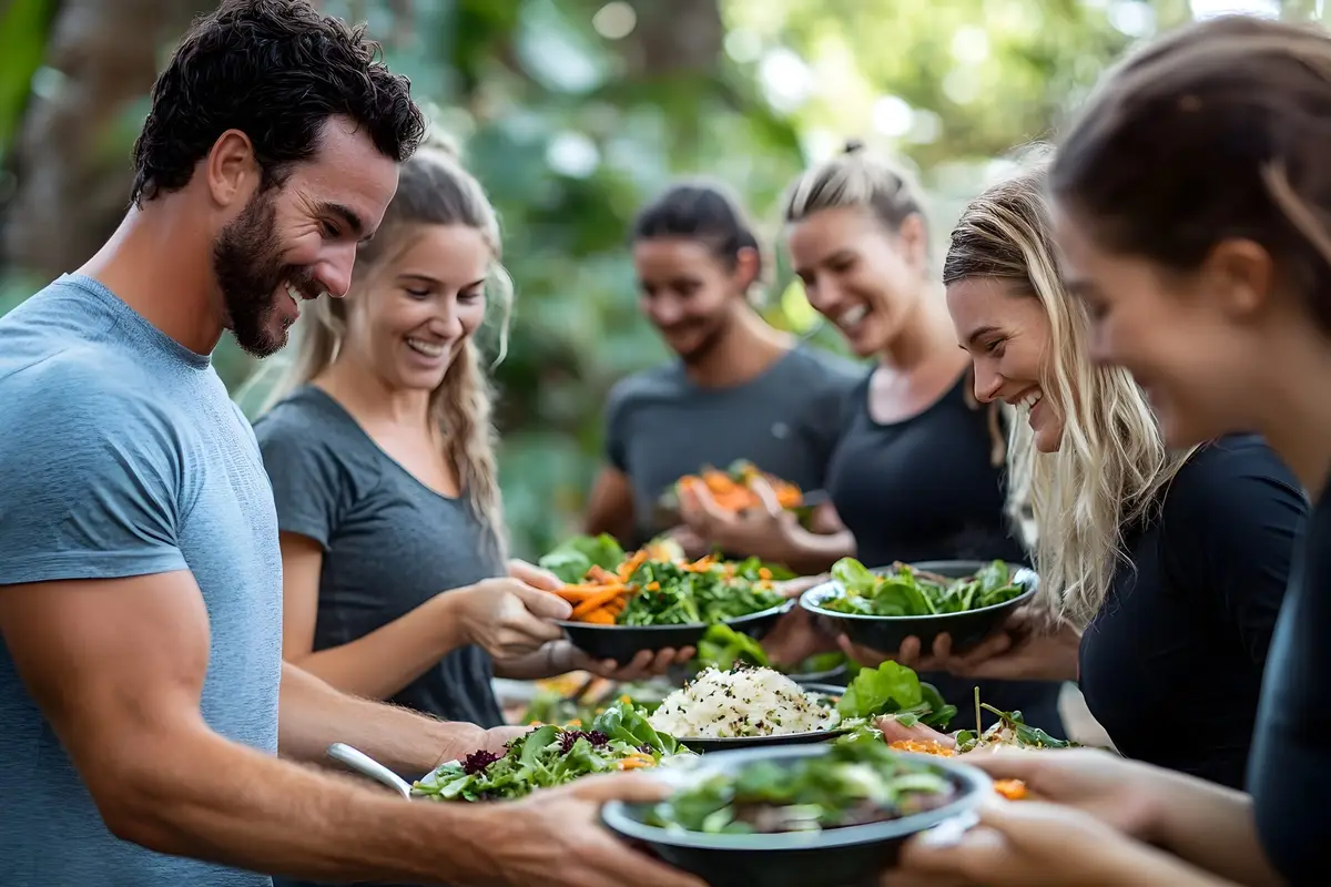Gym members laughing together while sharing healthy food at a community event